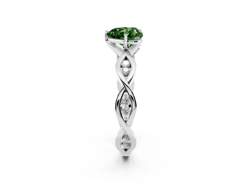 Fancy Green Heart Cut Diamond Twist Band Solitaire Ring Set in Silver with Leaf Prong Setting and Accent Stones