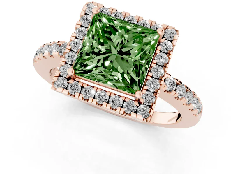 Fancy Green Princess Cut Diamond Pavé Band Halo Engagement Ring Set in Rose gold with Prong Setting