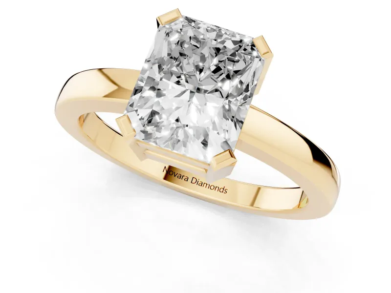 Radiant Cut Diamond Solitaire Ring Set in Yellow gold with Prong Head and Smooth Polished Band