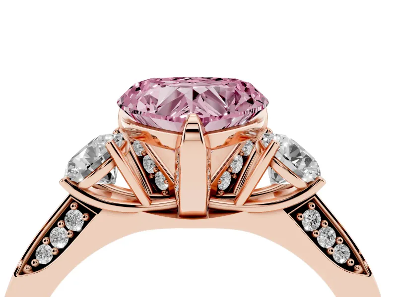 Heart-Shaped Hidden Halo Three Stone Engagement Ring Setting for a Fancy Pink Lab-Grown Diamond | Rose Gold