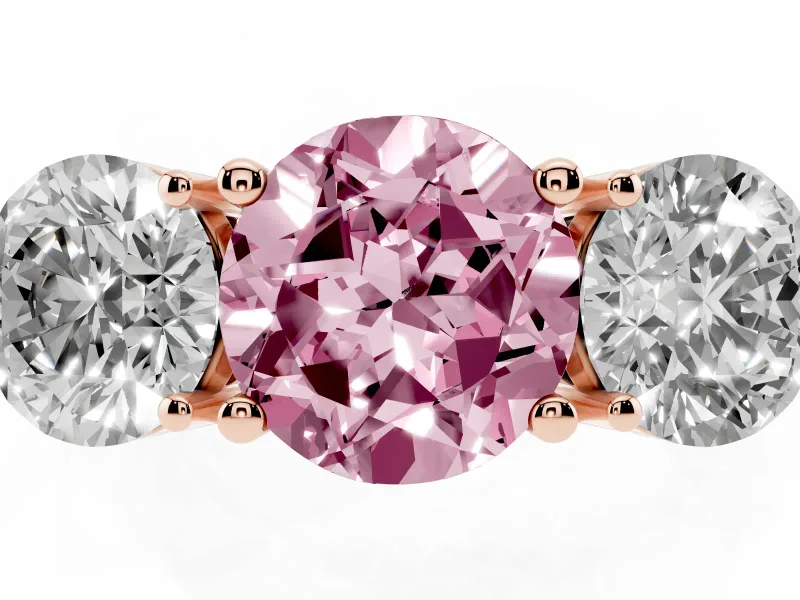 Round Three Stone Engagement Ring Setting for a Fancy Pink Lab-Grown Diamond | Large Round Side Stones | Rose Gold