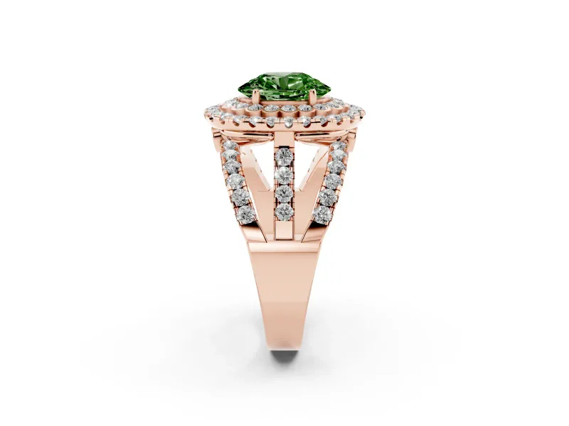 Oval Double Halo Split Shank Engagement Ring Setting for a Fancy Green Lab-Grown Diamond | Pave Strands | Rose Gold