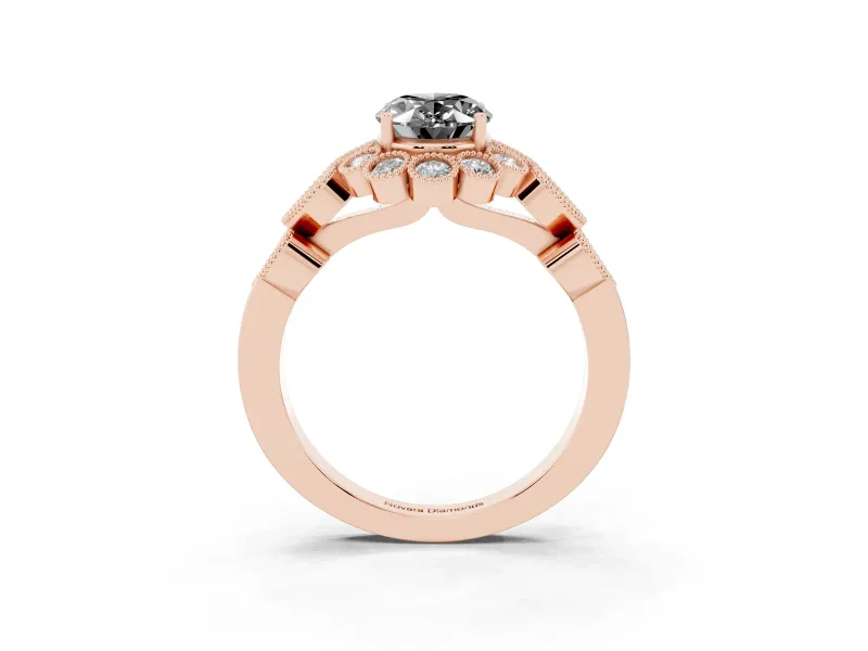 Oval Scalloped Halo Engagement Ring Setting for a Black Center | Heart Pavé Band | Rose Gold