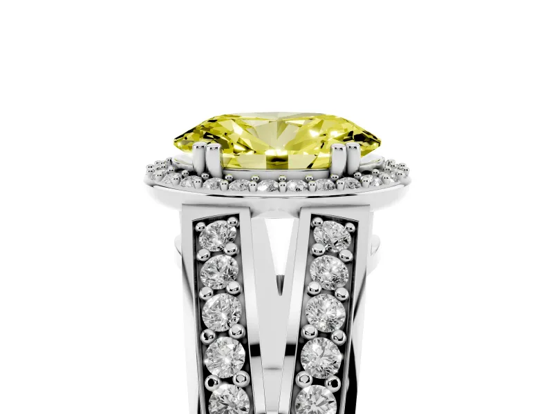 Fancy Yellow Oval Cut Diamond Halo Ring Set in Platinum with Double Pavé Split Shank