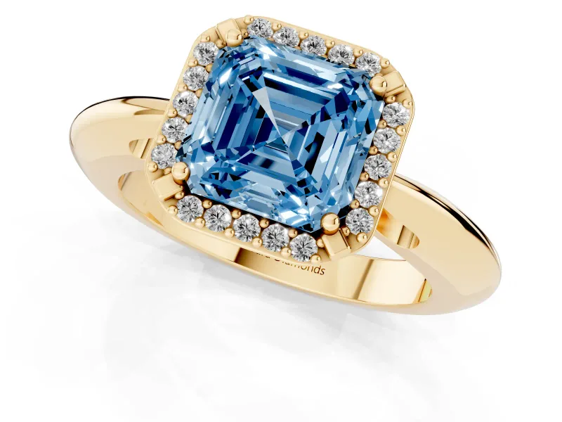 Fancy Blue Asscher Cut Diamond Halo Engagement Ring Set in Yellow gold with Plain Split Shank and Prong Setting