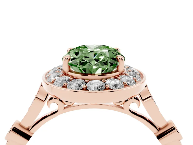 Oval Halo Engagement Ring Setting for a Fancy Green Lab-Grown Diamond | Bezel Stations | Rose Gold