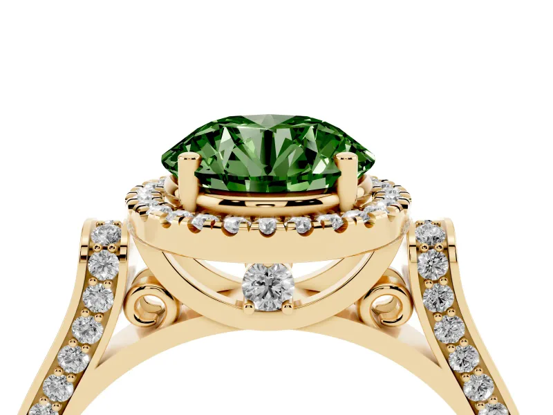 Round Halo Engagement Ring Setting for a Fancy Green Lab-Grown Diamond | Pavé Panel Shoulders | Yellow Gold