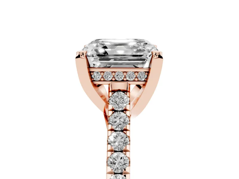 Asscher Cut Hidden Halo Pave Engagement Ring Setting | Claw Prongs | Rose Gold