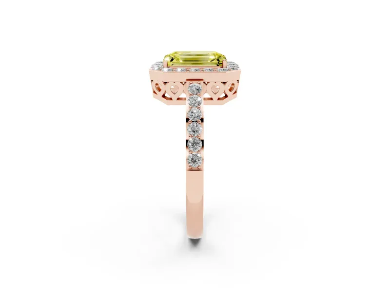 Fancy Yellow Emerald Cut Diamond Halo Ring Set in Rose gold with Pavé-Setting Band and Open Prong Center