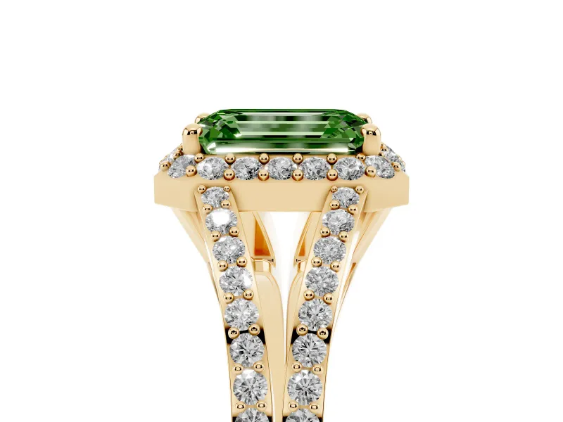 Emerald Cut Halo Engagement Ring Setting for a Fancy Green Lab-Grown Diamond | V-Split Pavé Band | Yellow Gold