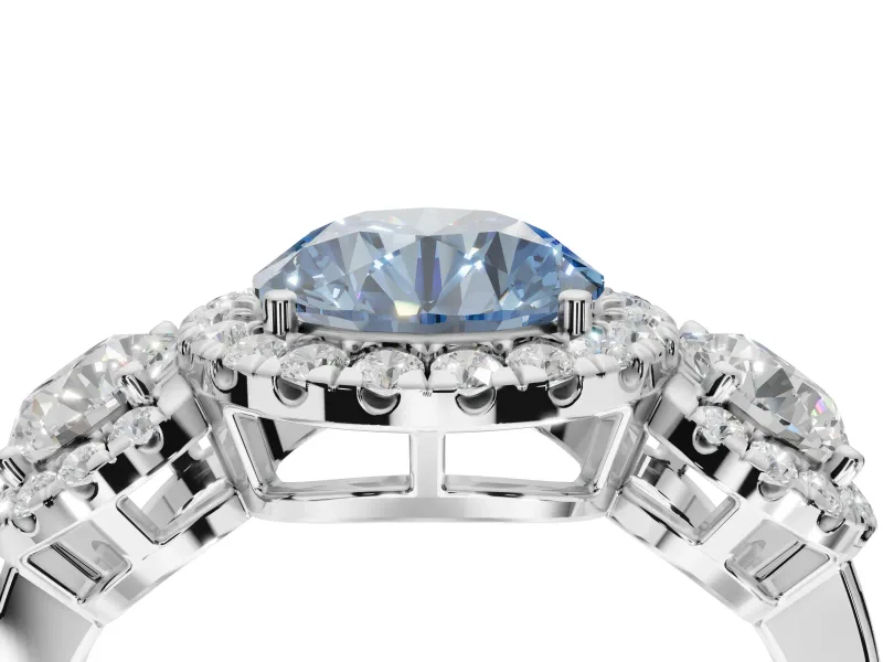 Round Three Stone Halo Engagement Ring Setting for a Fancy Blue Lab-Grown Diamond | Platinum