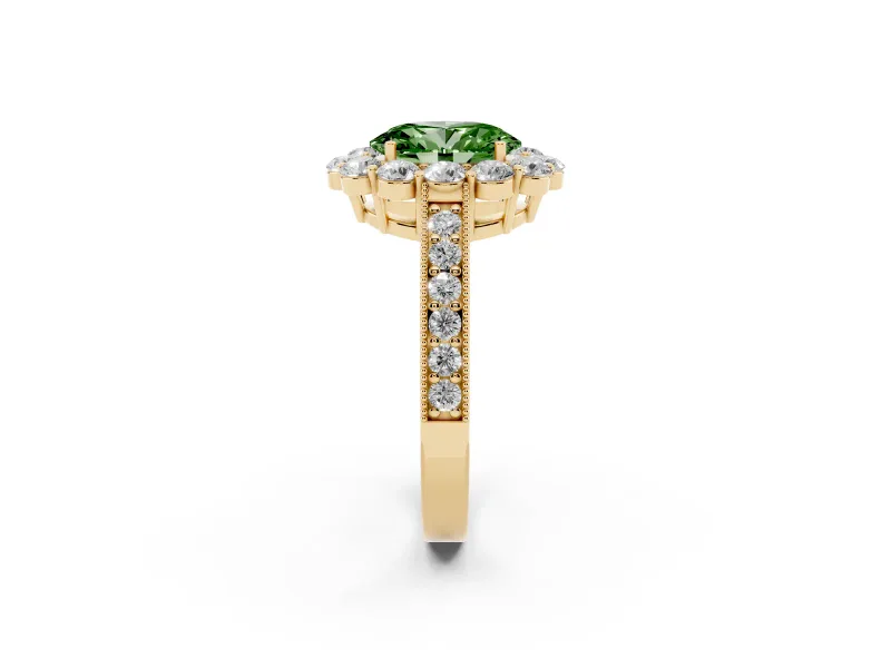Oval Vintage Halo Engagement Ring Setting for a Fancy Green Lab-Grown Diamond | Yellow Gold
