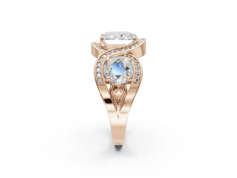 Radiant Cut Three Stone Halo Engagement Ring Setting | Pavé Wave Band | Rose Gold