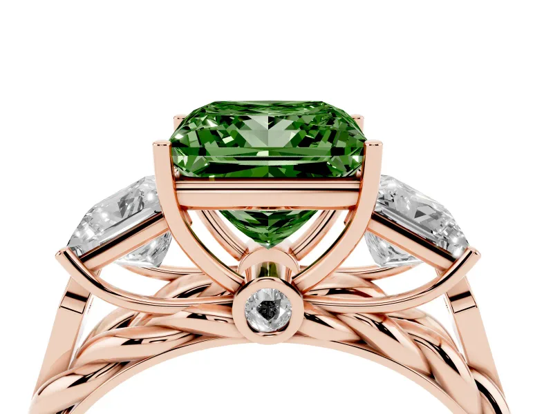 Fancy Green Princess Cut Diamond Three-Stone Ring Set in Rose gold with Braided Band