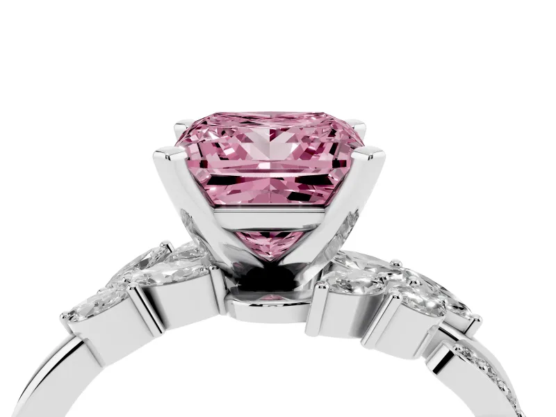 Fancy Pink Princess Cut Diamond Solitaire Ring Set in Platinum with Marquise Twist Band and Prong Setting