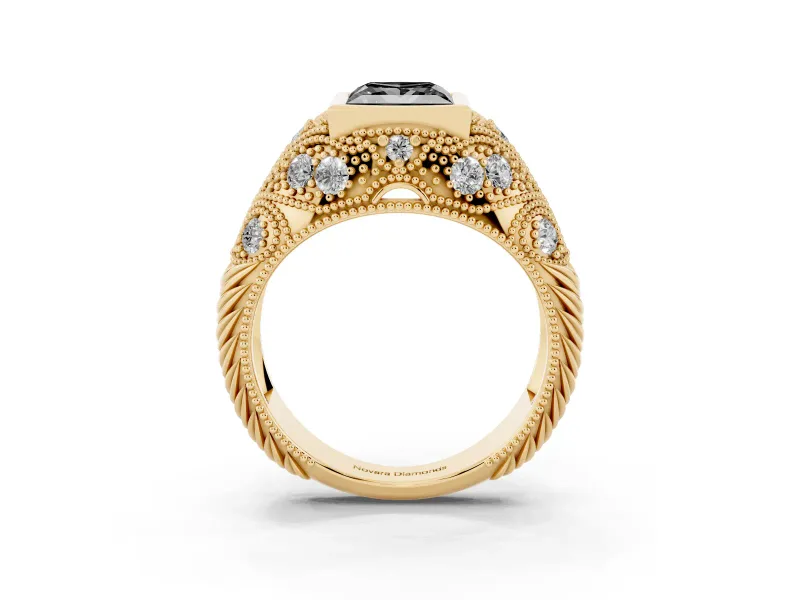 Princess Cut Vintage Bezel Engagement Ring Setting for a Black Center | Milgrain Band | Yellow Gold