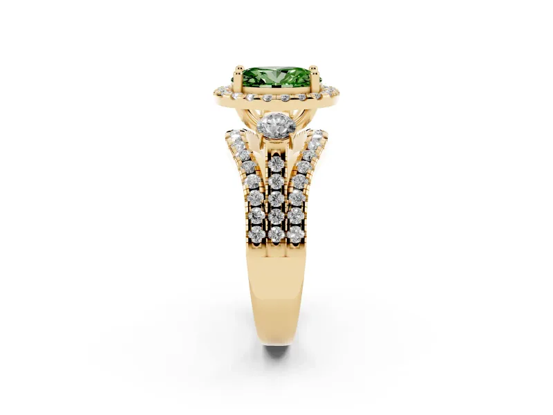 Oval Halo Split Shank Engagement Ring Setting for a Fancy Green Lab-Grown Diamond | Round Side Stones | Yellow Gold