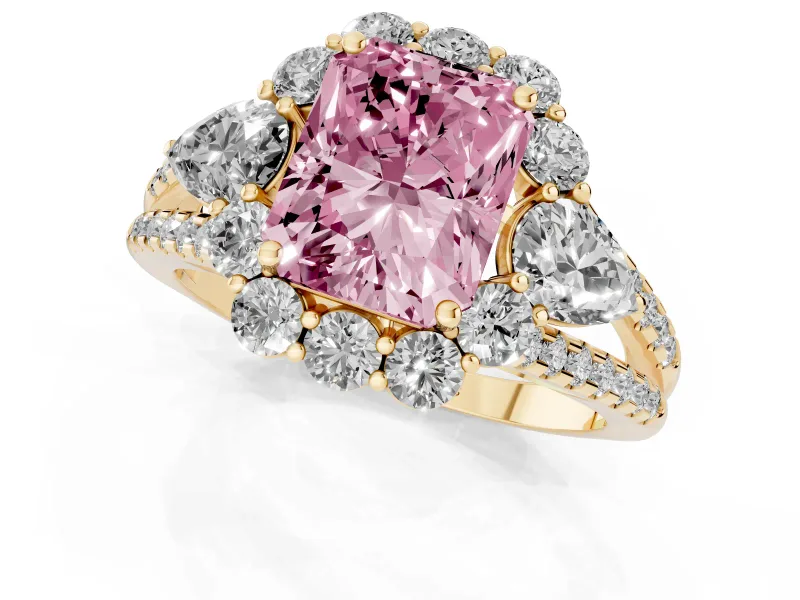 Radiant Cut Scalloped Halo Engagement Ring Setting for a Fancy Pink Lab-Grown Diamond | Pear Side Stones | Yellow Gold