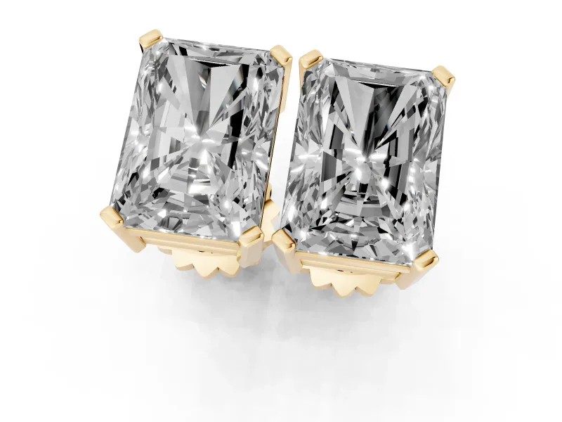 Radiant Cut Diamond Solitaire Stud Earrings Set in Yellow gold with Basket Setting