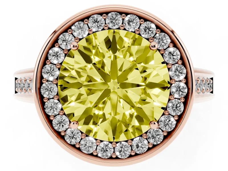 Fancy Yellow Round Cut Diamond Halo Solitaire Ring Set in Rose gold with Pavé Band and Bezel Setting