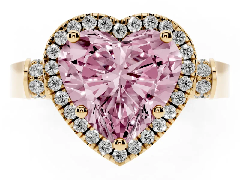Heart-Shaped Halo Engagement Ring Setting for a Fancy Pink Lab-Grown Diamond | Pointed Pave Shoulders | Yellow Gold
