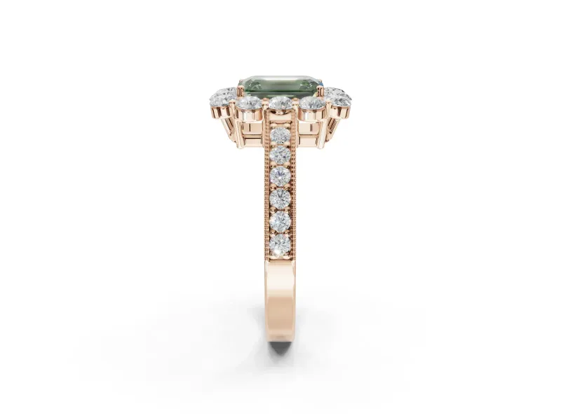 Emerald Cut Vintage Halo Engagement Ring Setting for a Fancy Green Lab-Grown Diamond | Rose Gold
