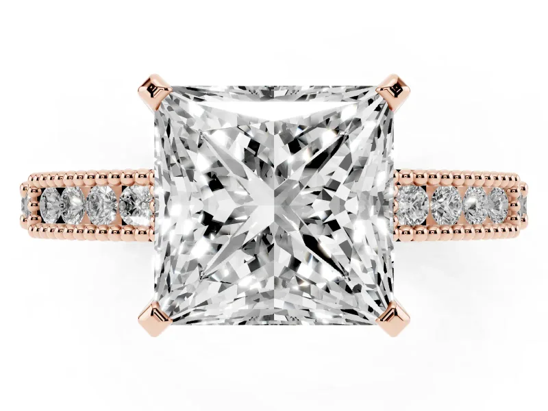 Princess Cut Vintage Pavé Solitaire Engagement Ring Setting | Milgrain Edges | Rose Gold