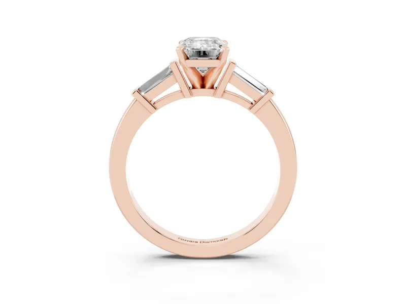 Emerald Cut Diamond Solitaire Ring Set in Rose gold with Tapered Baguette Accents and Prong Setting