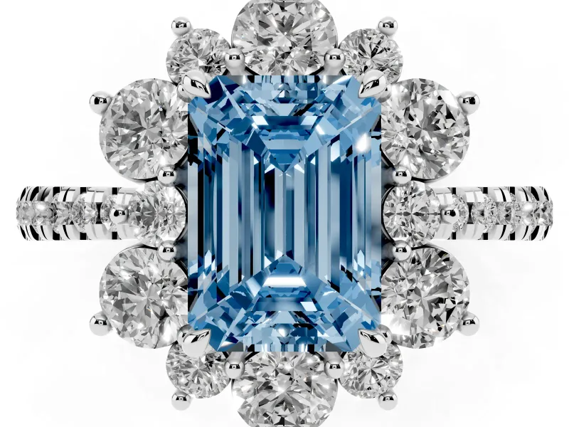 Emerald Cut Star Floral Halo Engagement Ring Setting for a Fancy Blue Lab-Grown Diamond | Sterling Silver