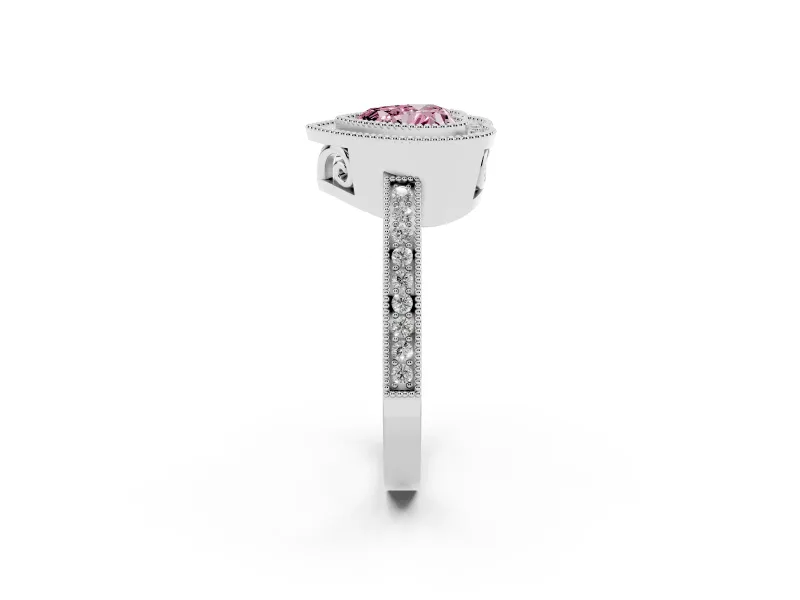 Fancy Pink Heart Cut Diamond Halo Ring Set in Platinum with Pavé Band and Milgrain-Edged Prongs