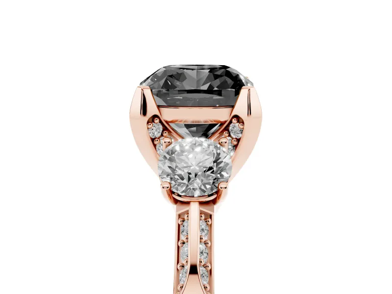 Cushion Cut Hidden Halo Three Stone Engagement Ring Setting for a Black Center | Rose Gold