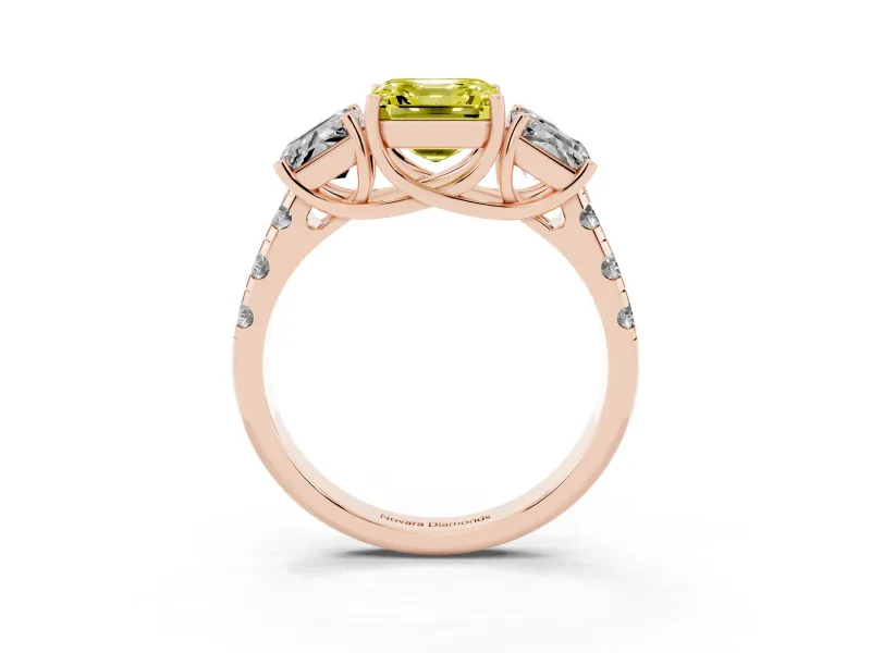 Asscher Cut Three Stone Engagement Ring Setting for a Fancy Yellow Lab-Grown Diamond | Accented Shoulders | Rose Gold