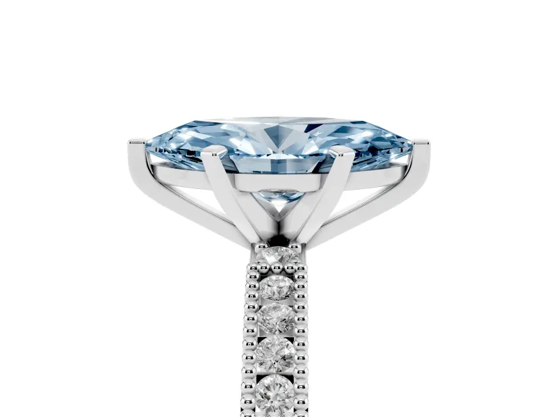 Fancy Blue Marquise Cut Diamond Solitaire Ring Set in Silver with Slim Pavé Band and Prong Setting