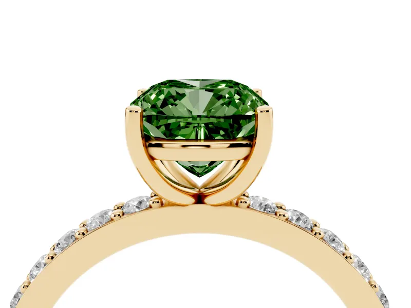 Fancy Green Cushion Cut Diamond Solitaire Set in Yellow gold with Round Pavé Band and Prong Setting