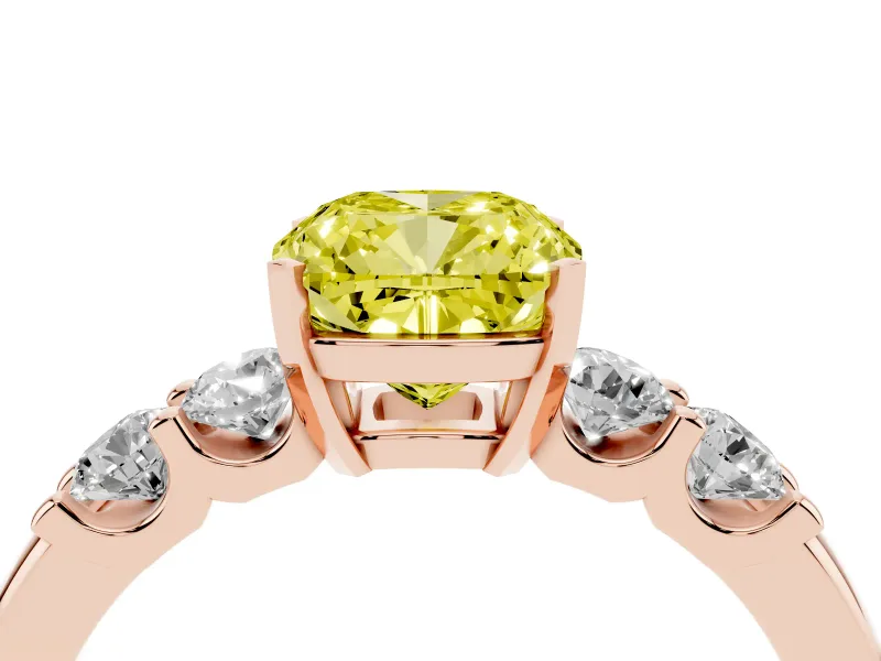 Fancy Yellow Cushion Cut Diamond Five-Stone Prong Set Engagement Ring Set in Rose gold with Channel Band