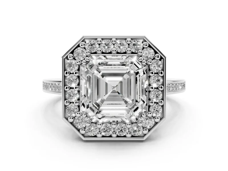 Asscher Cut Diamond Halo Ring Set in White gold with Accent-Lined Split Shank and Prong Setting