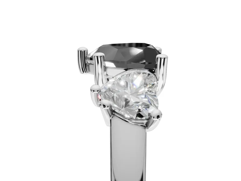Heart-Shaped Three Stone Engagement Ring Setting for a Black Center | Tapered Band | White Gold