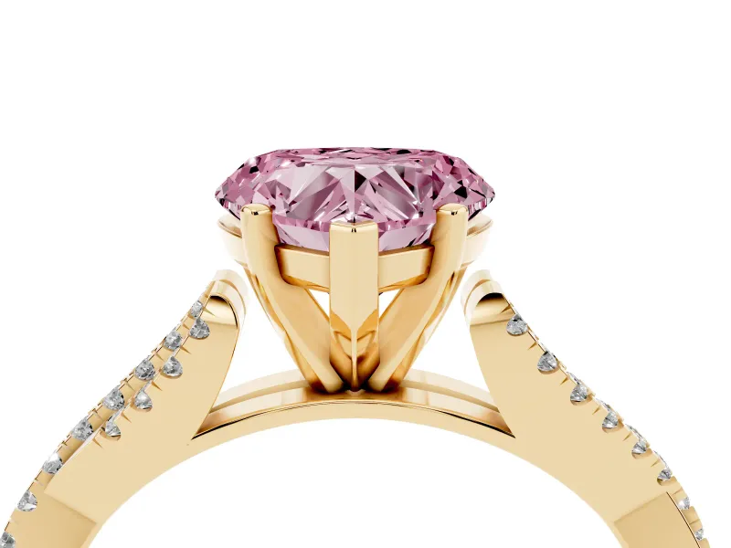 Fancy Pink Heart Cut Diamond Solitaire Engagement Ring Set in Yellow gold with Twisted Pavé Band and Prong Setting