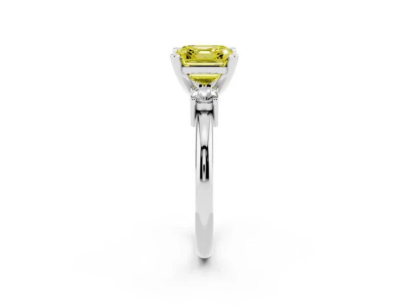 Fancy Yellow Three-Stone Asscher Cut Diamond Ring Set in Platinum with Prong Setting and Plain Band