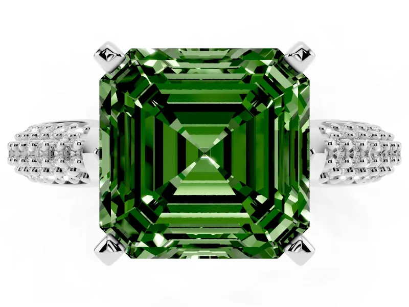 Fancy Green Asscher Cut Diamond Solitaire Engagement Ring Set in Silver with Multi-Row Round Pavé Band and Prong Setting
