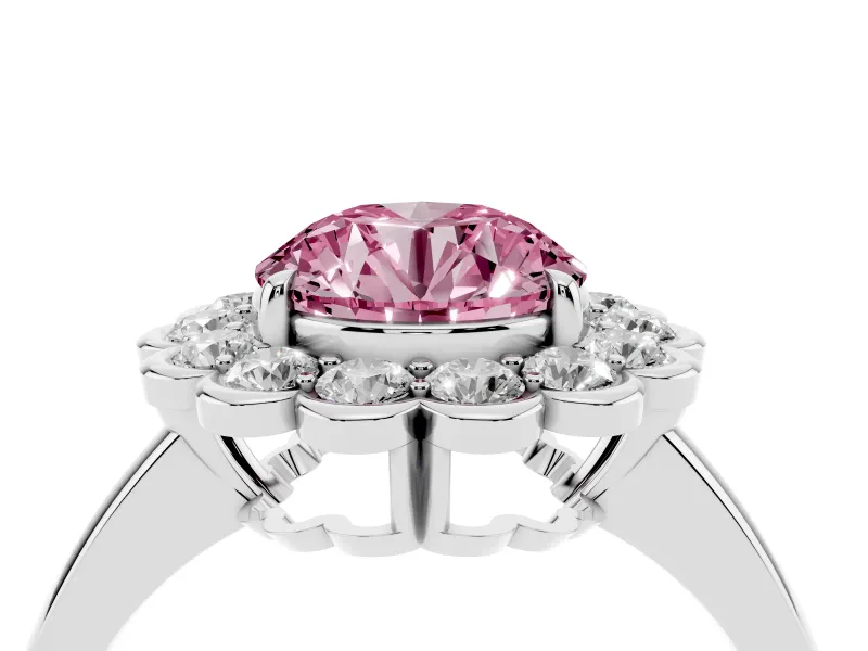 Round Scalloped Cluster Halo Engagement Ring Setting for a Fancy Pink Lab-Grown Diamond | Plain Band | Sterling Silver