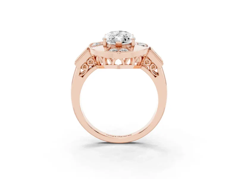 Marquise Cut Diamond Milgrain Halo Ring Set in Rose gold with Split Shank