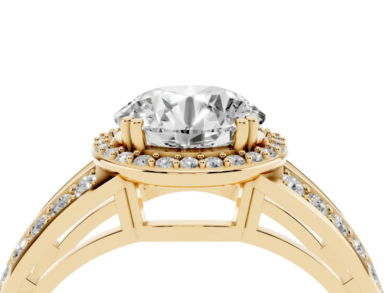 Round Halo Engagement Ring Setting | Two-Row Pave Split Shank | Yellow Gold