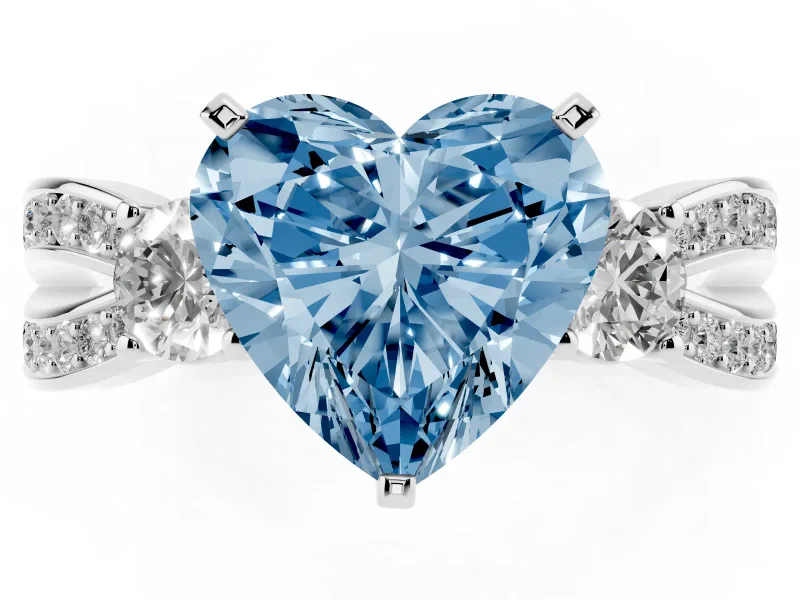 Fancy Blue Three-Stone Heart Cut Diamond Twist Band Ring Set in White gold with Pavé Accents and Prong Setting