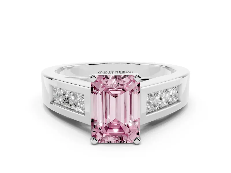 Fancy Pink Emerald Cut Diamond Solitaire Ring Set in White gold with Channel-Set Accent Stones and Prong Setting