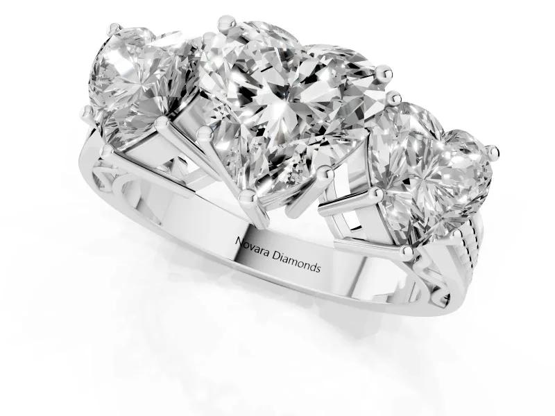 Heart-Shaped Three Stone Engagement Ring Setting | Beaded Shoulders | Platinum