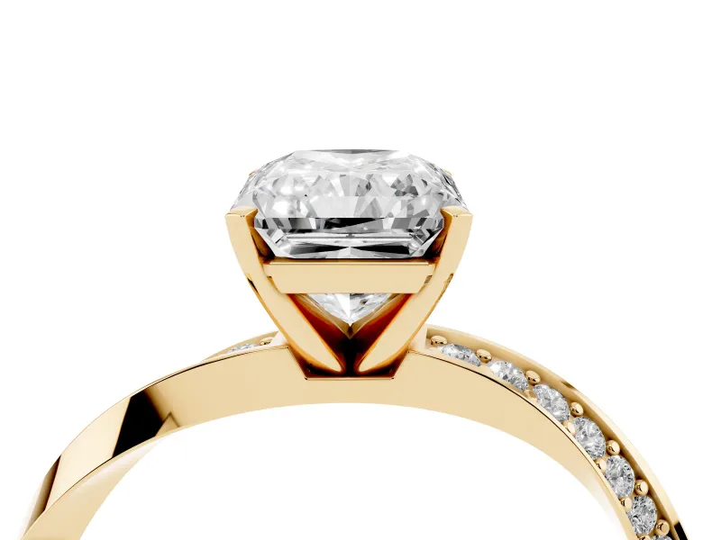 Radiant Cut Diamond Engagement Ring Set in Yellow gold with Side Stone Accents and Prong Setting
