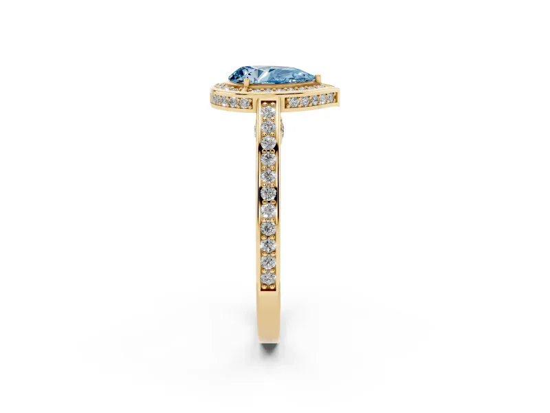 Fancy Blue Pear Cut Diamond Halo Pavé Split Shank Ring Set in Yellow gold with Prong Setting