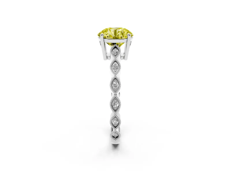 Fancy Yellow Round Cut Diamond Solitaire Ring Set in Platinum with Infinity Twist Pavé Band