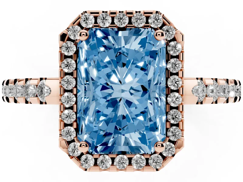 Radiant Cut Pave Halo Engagement Ring Setting for a Fancy Blue Lab-Grown Diamond | Rose Gold